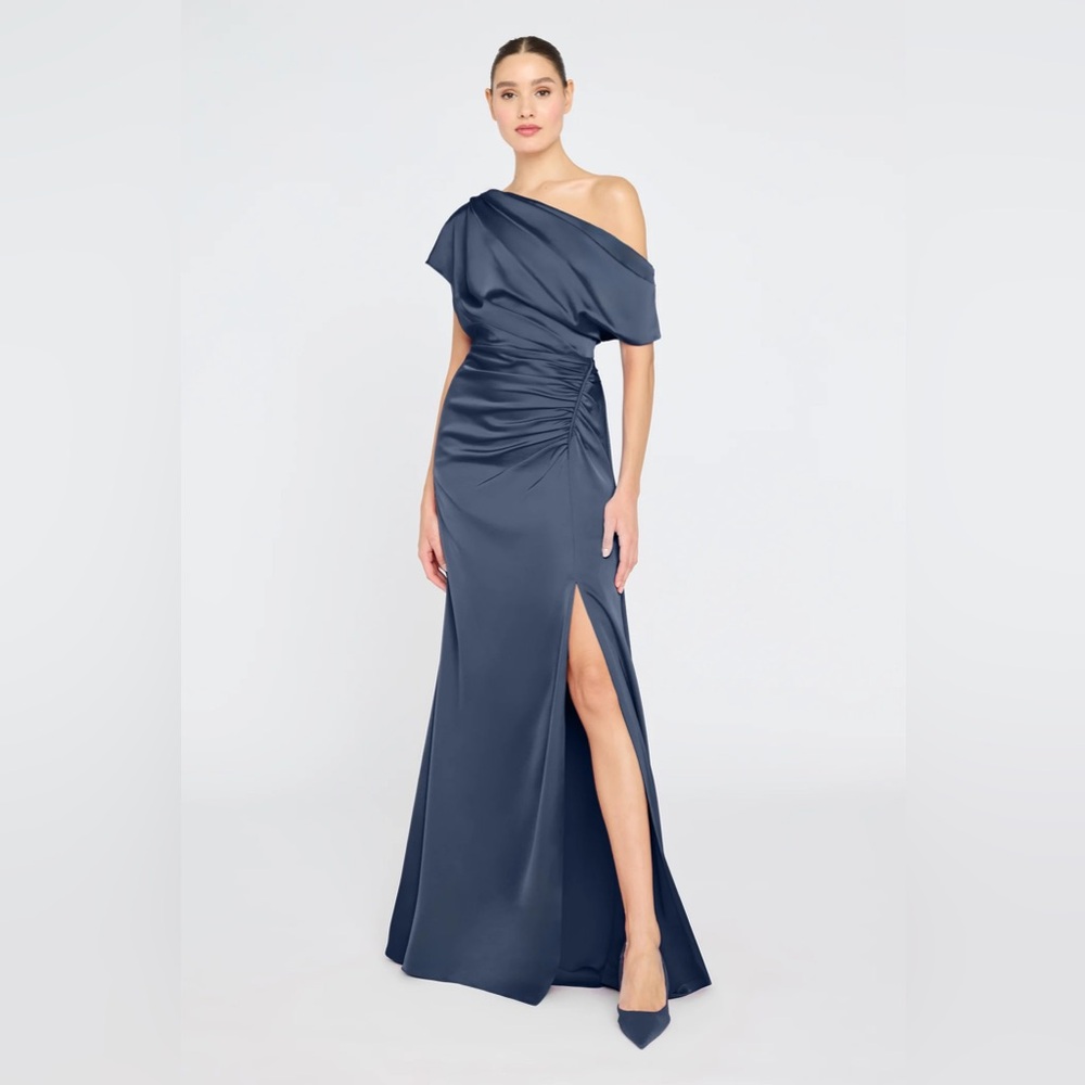 Theia Kacey Off-Shoulder Navy One-Shoulder Evening Gown - Picture 1 of 6